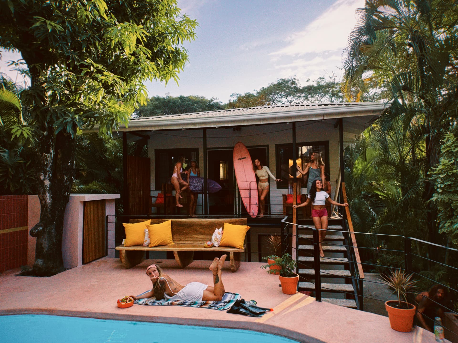 Golden hour at the pool with the surfboard