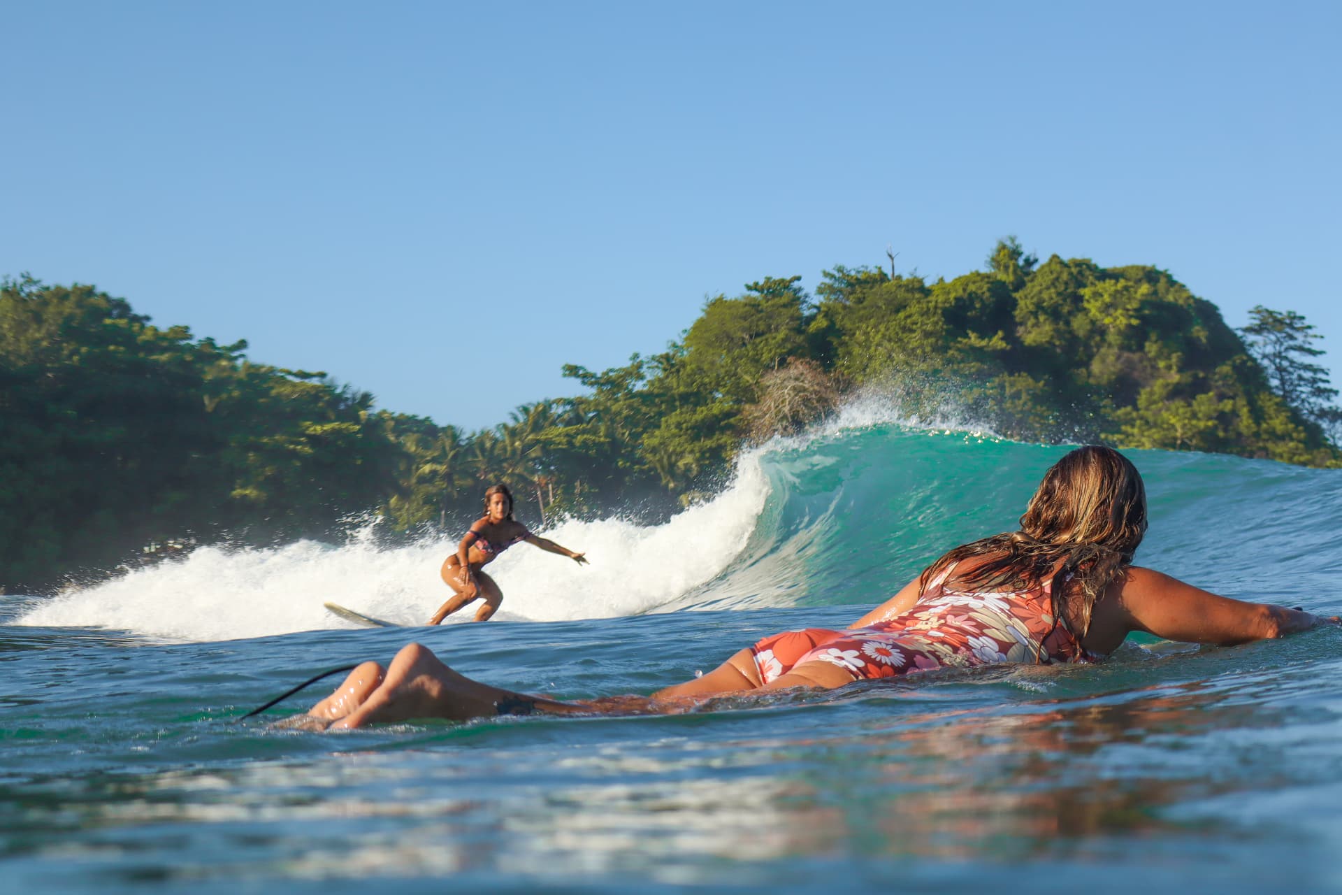 Surfers paddling and riding a turquoise wave