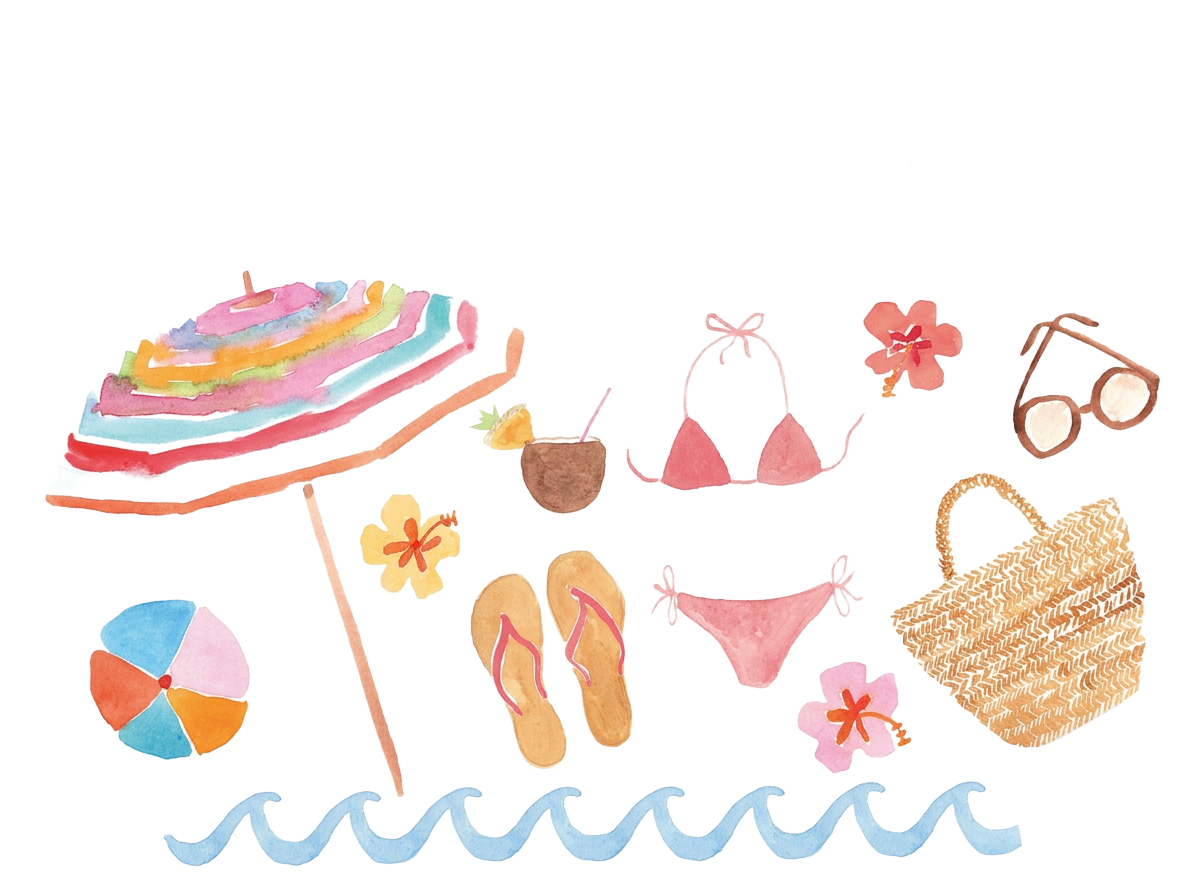 Watercolor beach essentials including a bikini, sandals, sun hat, beach bag, and sunglasses